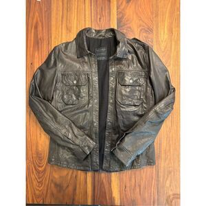 All Saints Men's Black Brown Collared Classic Long Sleeves Leather Jacket Sz XL